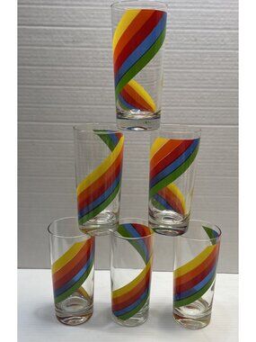 6 Cora 1970s Rainbow Swirl 6.25" Tall Tumbler Drinking Glasses Weighted - EUC